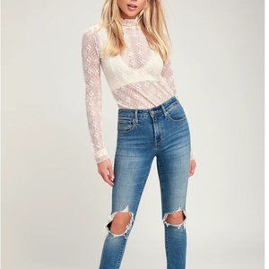 NWT FREE PEOPLE Sweet Memories Lace Turtleneck In Ivory Size Large